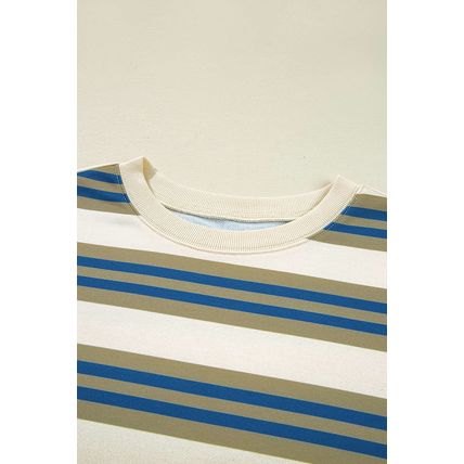Khaki Stripe Crew Neck Drop Shoulder Pullover Sweatshirt
