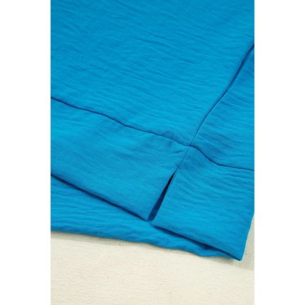 Sky Blue Frilled V Neckline Bracelet Sleeve Crinkled Blouse