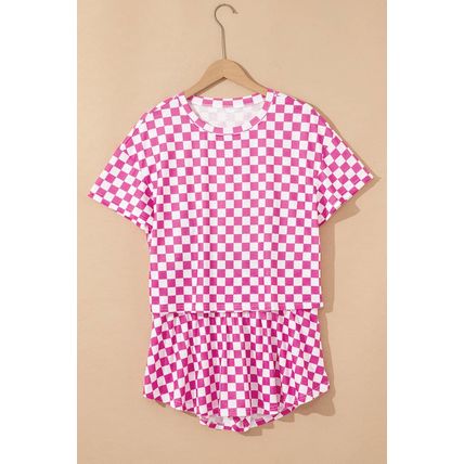 Pink Checkerboard T Shirt and High Waist Skorts 2 Piece Outfit