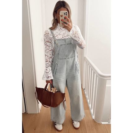 White Lace Crochet Bell Sleeve Mock Neck Blouse