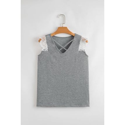 Gray Lace Patchwork Criss Cross V Neck Tank Top