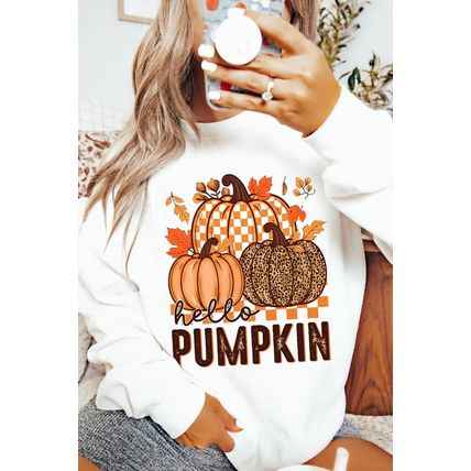 White Hello Pumpkin Thanksgiving Graphic Sweatshirt