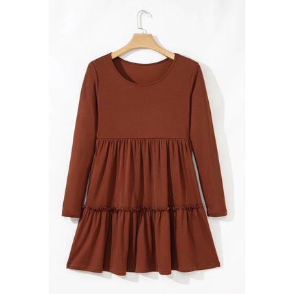 Straw Yellow Ribbed Frilled Trim High Waist Long Sleeve Mini Dress