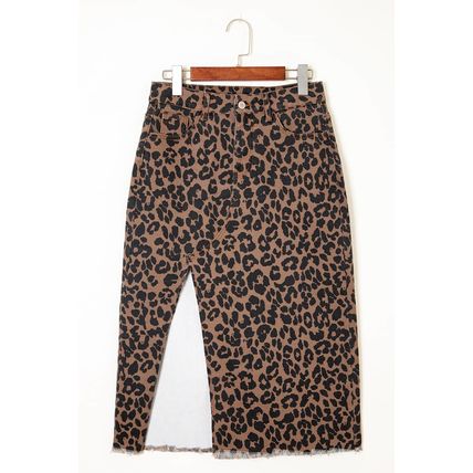Brown Leopard Denim Frayed Split Denim Midi Skirt