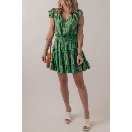 Green Floral Tie Split Neck Frilly Ruffle Trim Tiered Short Dress