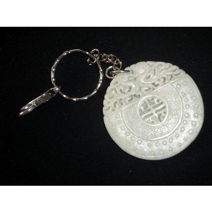 Exquisite elaborate carved large round white jade keyring bag charm