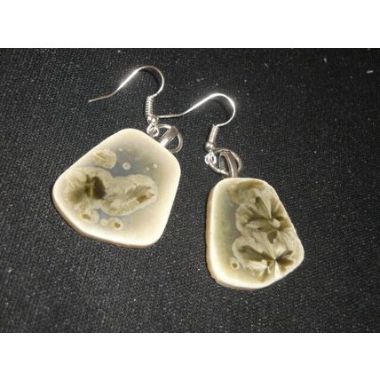 Unique freeform hand glazed on small grey blue ceramic tile dangle earrings , B