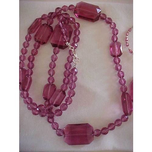 Rose Necklace SET 4 Hoop Pierced Earrings Faceted Beads Stretch Bangles