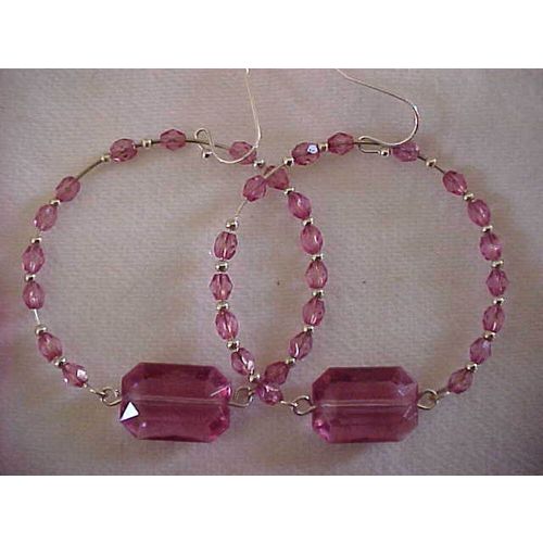 Rose Necklace SET 4 Hoop Pierced Earrings Faceted Beads Stretch Bangles