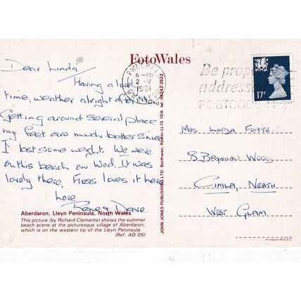 Aberdaron Lleyn Peninsula Wales Postcard posted 1991 creased