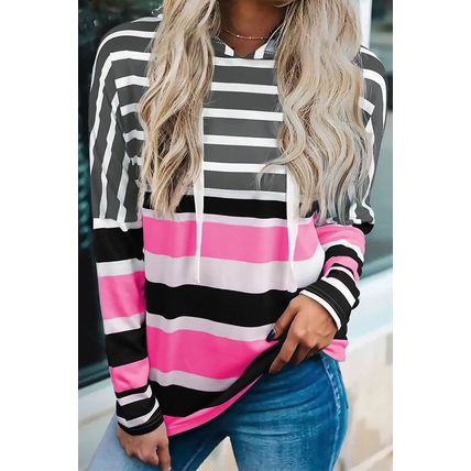 Rose Multi Striped Drawstring Long Sleeve Hoodie