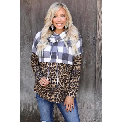 Leopard Leopard Plaid Patchwork Cowl Neck Sweatshirt