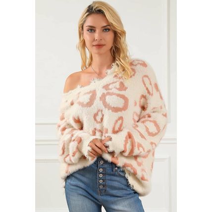 Leopard Animal Print Distressed Trim Fuzzy Sweater