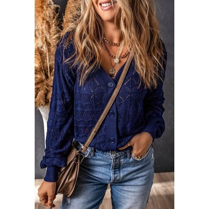 Blue Lightweight Buttoned Front Crochet Cardigan
