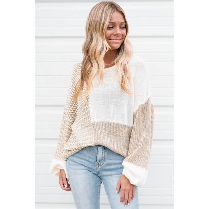 Oatmeal Mixed Pattern Knit Tie Keyhole Drop Shoulder Sweater