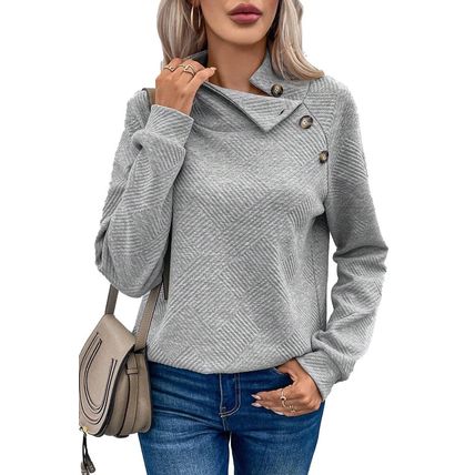 Gray Asymmetric Buttons Detail High Neck Textured Sweatshirt