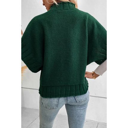 Blackish Green Mock Neck Batwing Short Sleeve Knit Sweater