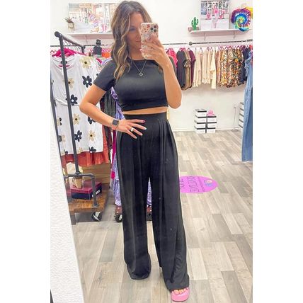 Black Slim Fit Crop Top and Pleated Wide Leg Pants Set
