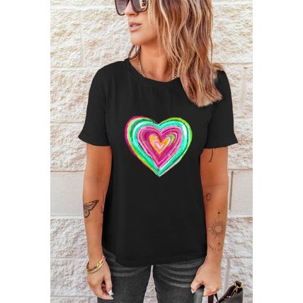 Black Valentine Heart Shaped Print Crew Neck T Shirt