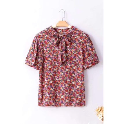 Purple Floral Print Knotted High Neck Puff Sleeve Blouse