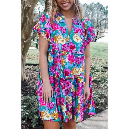 Green Rose Floral Print Ruffled Short Dress