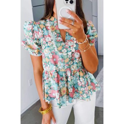 Multicolour Notched Neck Puff Short Sleeve Floral Blouse