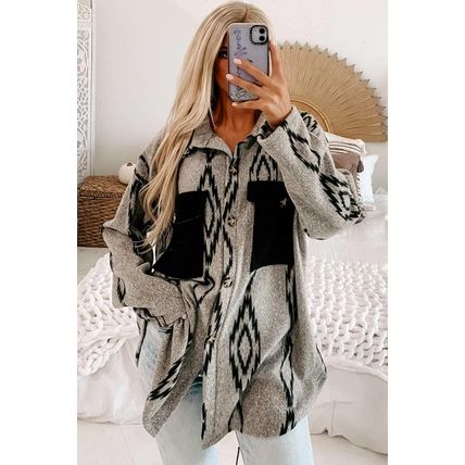 Gray Aztec Contrast Chest Pockets Loose Shacket