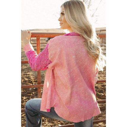 Apricot Pink Mineral Wash Sequin Patchwork Flap Pocket Shacket