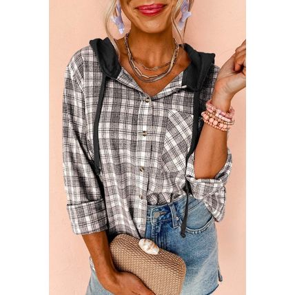 Black Checkered Print Loose Fit Buttoned Hooded Shacket