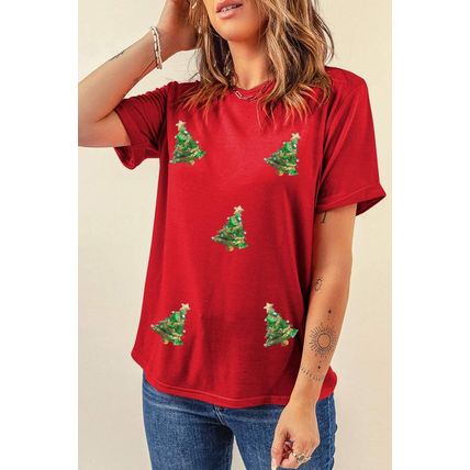 Red Sequined Christmas Tree Graphic Crewneck T Shirt