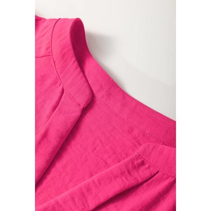 Rose Red Solid Color Shirred Cuff Notch V Neck Blouse