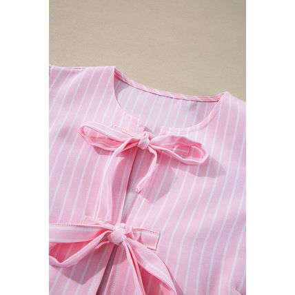 Pink Stripe Bowknot Front Crew Neck Puff Sleeve Blouse