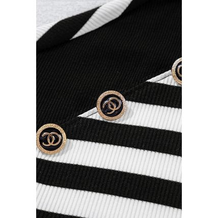 Black Stripe Crochet Hollow-out Back Buttoned Shoulder V Neck Top
