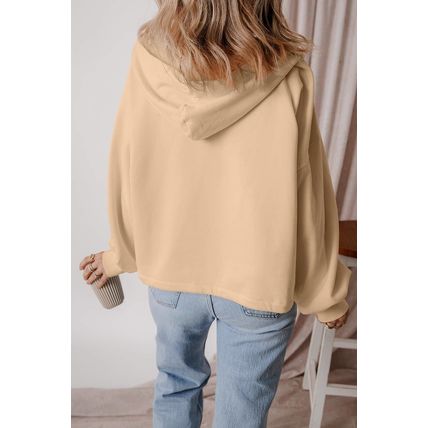 Parchment Fleece Lined Half Zipper Kangaroo Pockets Loose Hoodie