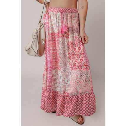 Red Boho Pattern Print Tassel Drawstring High Waist Maxi Dress