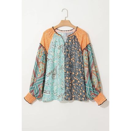 Green Floral Patchwork Lantern Sleeve Buttoned V Neck Plus Size Blouse
