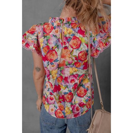 Multicolour Lace Trim Ruffle Short Sleeve Floral Blouse