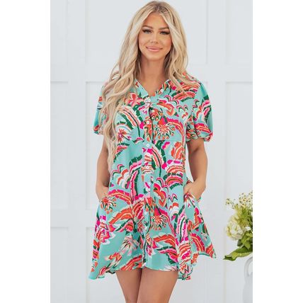 Green Abstract Print Lace-up High Waist Buttoned Mini Dress