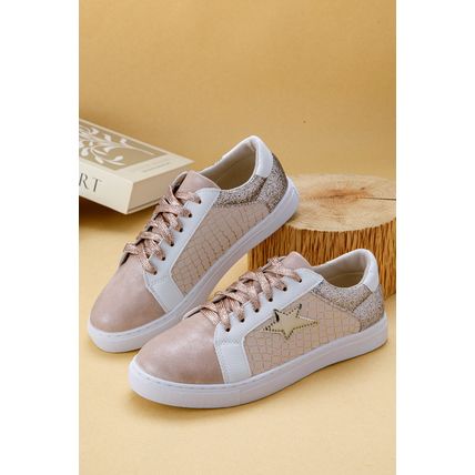 Gold Glitter Star Patchwork PU Leather Lace-up Sneakers