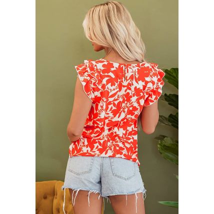 Orange Floral Ruffle Sleeve Print Top