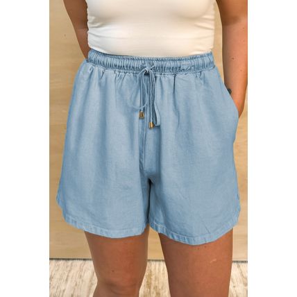 Beau Blue Washed Chambray Drawstring Elastic Waist Plus Size Shorts