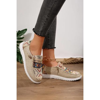 Beige Geometric Lace-up Decor Slip On Shoes