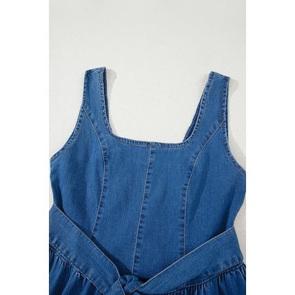 Sail Blue Square Neck Bowknot A-line Sleeveless Denim Dress