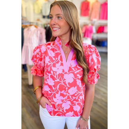 Red Floral Split V Neck Ruffled Short Sleeve Blouse Top