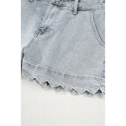 Dusk Blue Scalloped Hemline Acid Wash High Waist Denim Shorts