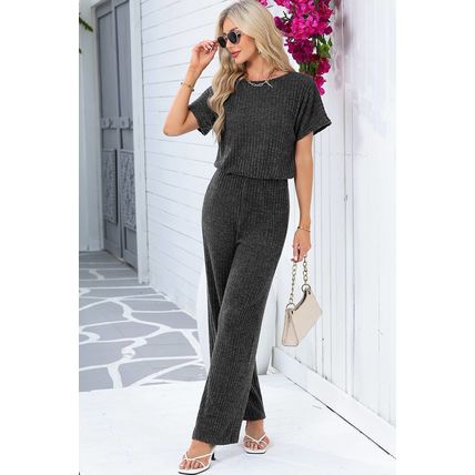 Dark Grey Ribbed Keyhole Short Sleeve Wide Leg Jumpsuit