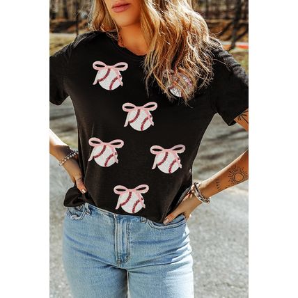 Black Shimmering Sequin Bow Ball Patterned Game Day Casual Tee