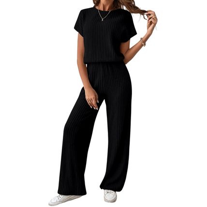 Black Ribbed Keyhole Short Sleeve Wide Leg Jumpsuit