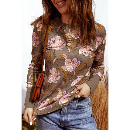 Brown Floral Print Waffle Textured Long Sleeve Top