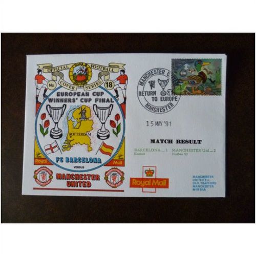 1991 FC Barcelona v Manchester United Dawn Football Cover No 18 Rotterdam stamp